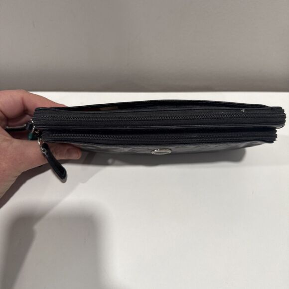 Coach Wristlet Black Leather Wallet Double Zip Striped Legacy Satin Lining 8x4 - Picture 4 of 16